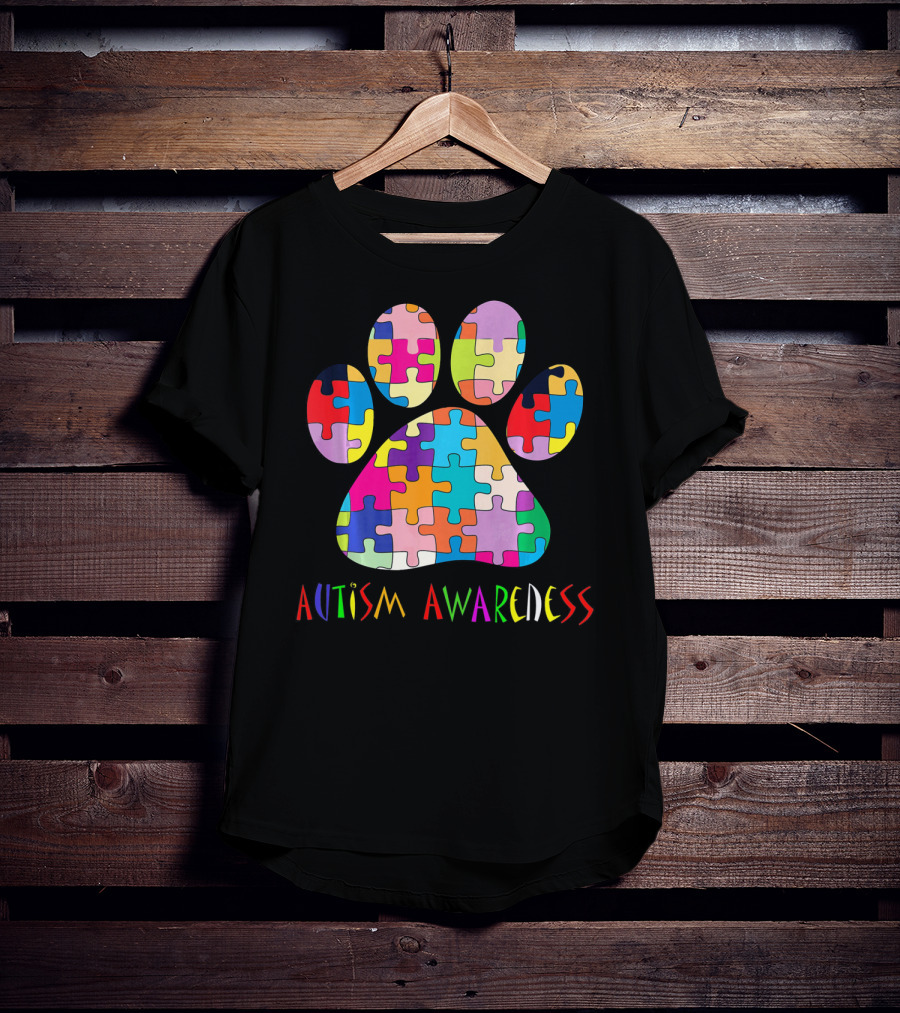 Autism Awareness Colorful Puzzle Dog Paw T-Shirt