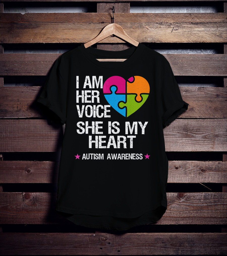 I Am Her Voice She Is My Heart Autism Awareness Puzzle Heart T-Shirt