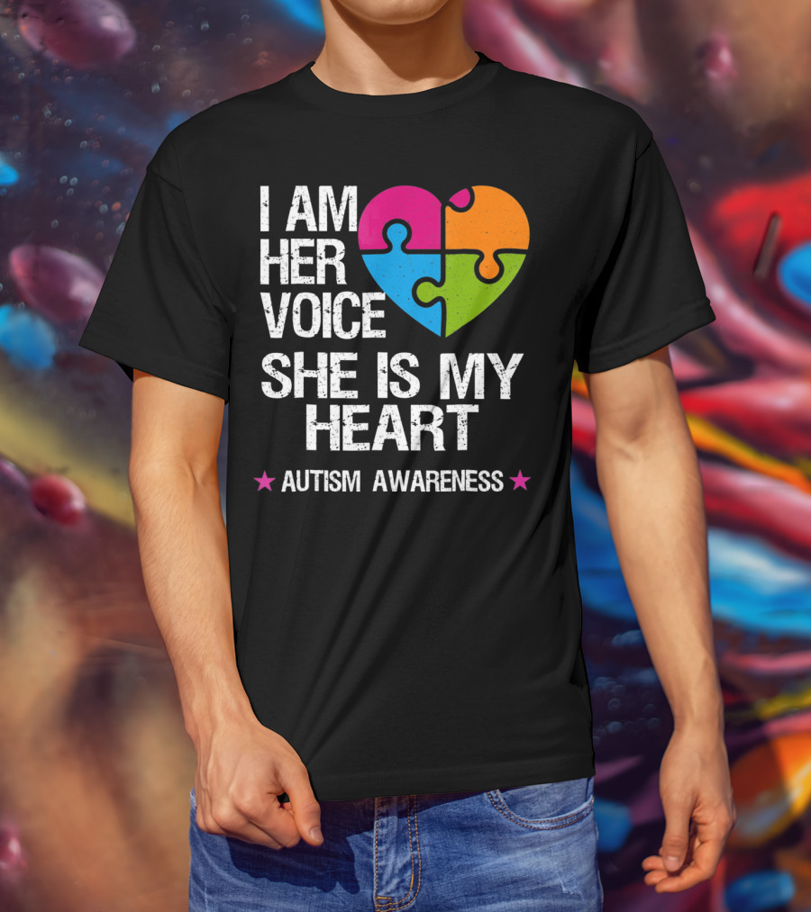 I Am Her Voice She Is My Heart Autism Awareness Puzzle Heart T-Shirt