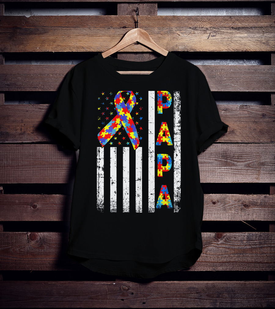 Papa Autism Awareness Puzzle Ribbon USA Flag T-Shirt