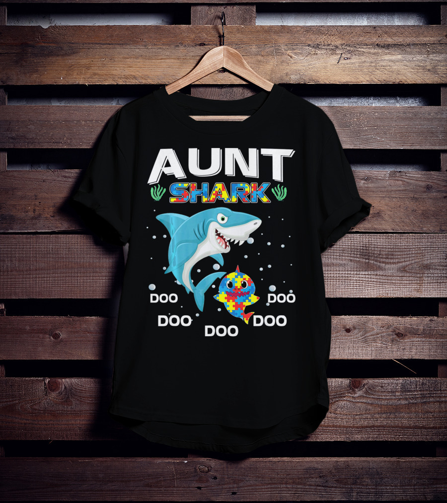 Aunt Shark Doo Doo Autism Awareness Puzzle Piece T-Shirt