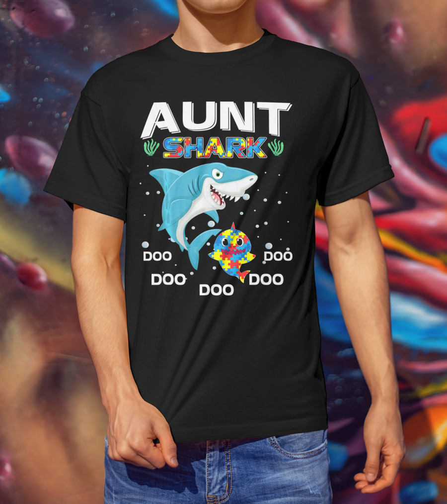 Aunt Shark Doo Doo Autism Awareness Puzzle Piece T-Shirt