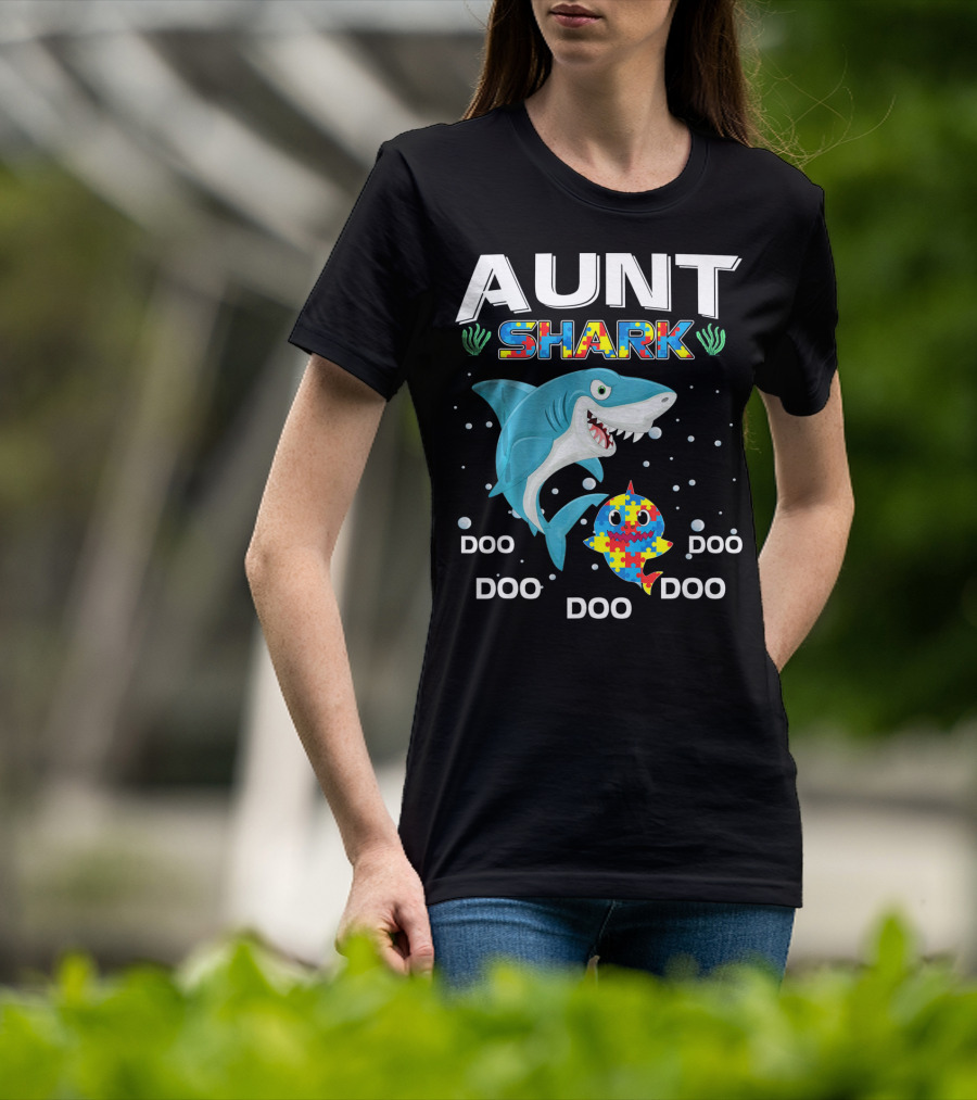 Aunt Shark Doo Doo Autism Awareness Puzzle Piece T-Shirt