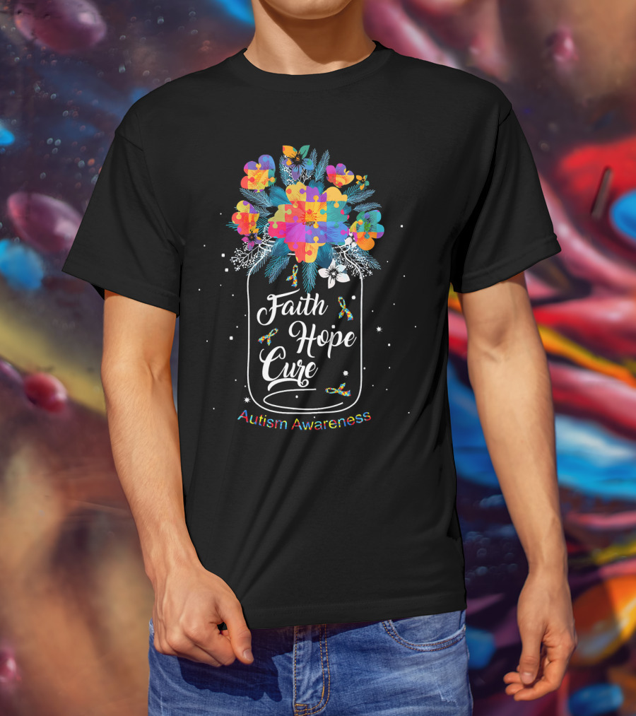 Faith Hope Cure Autism Awareness Flower Puzzle T-Shirt
