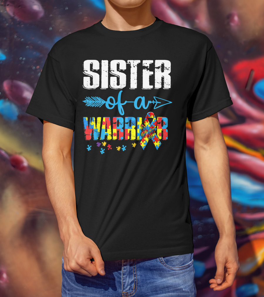 Sister Of A Warrior Puzzle Ribbon Autism Awareness T-Shirt