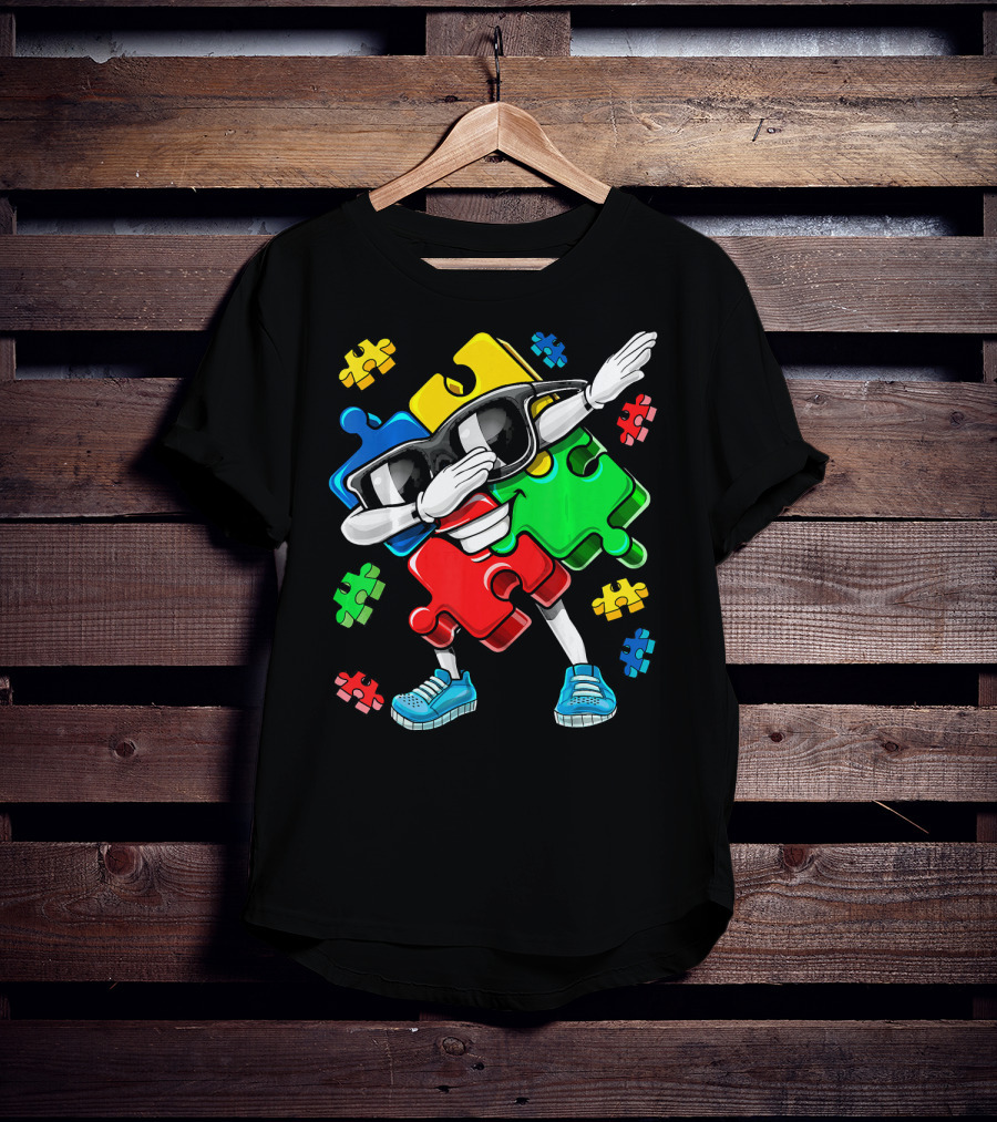 Autism Awareness Cool Dabbing Puzzle Piece Character T-Shirt