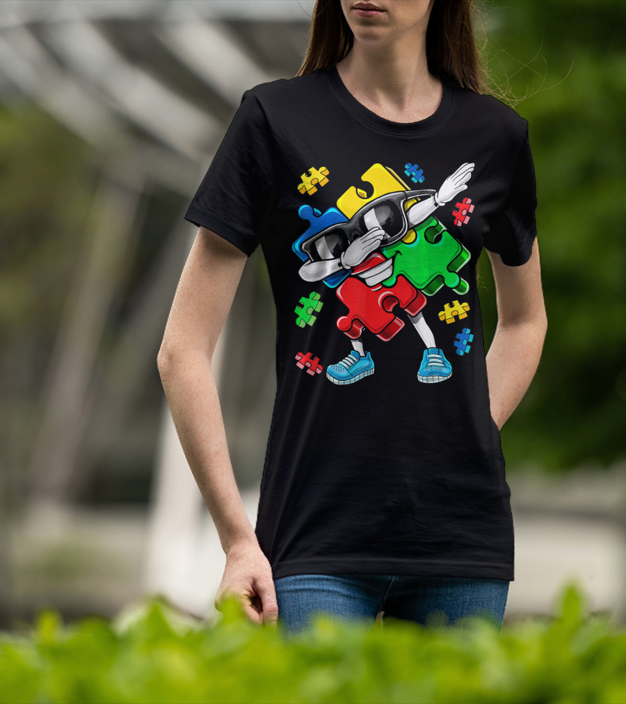 Autism Awareness Cool Dabbing Puzzle Piece Character T-Shirt