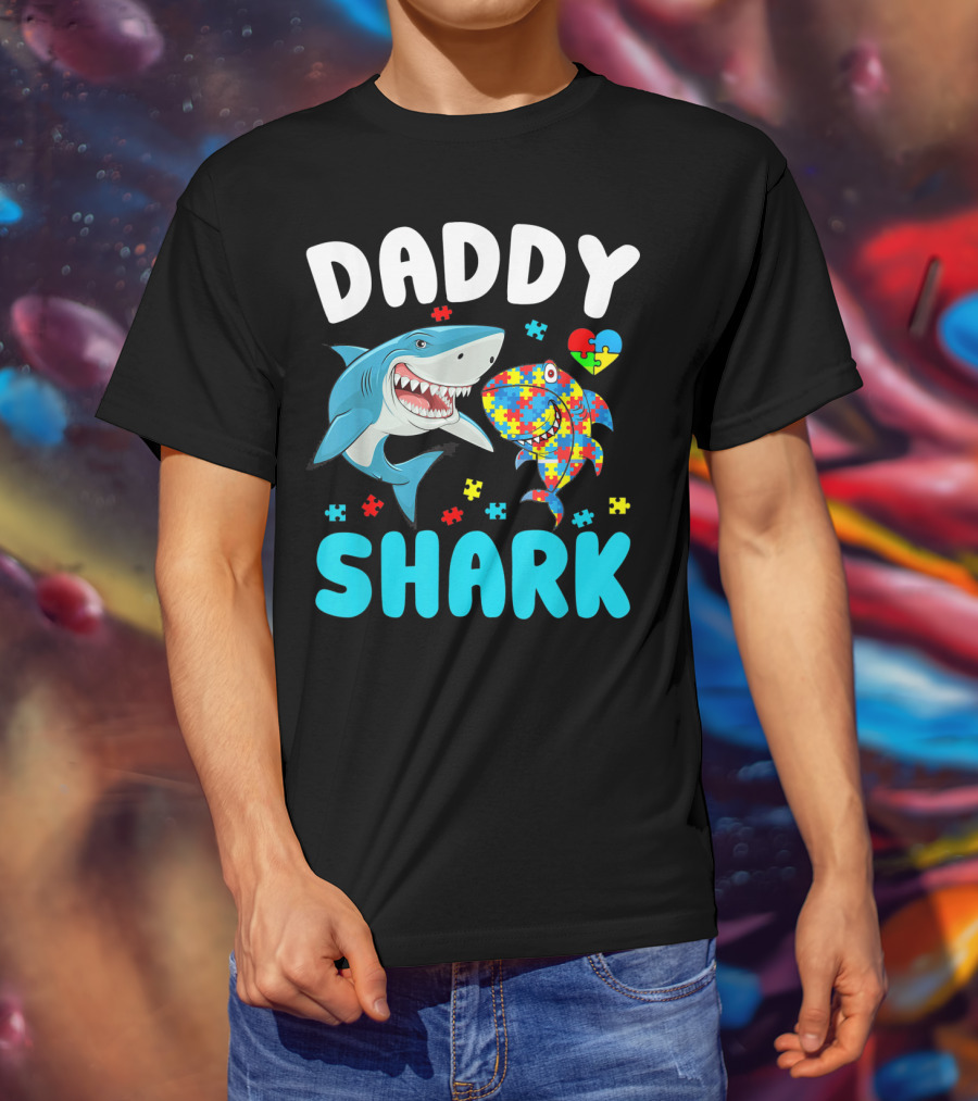 Daddy Shark Autism Awareness Puzzle Heart T-Shirt