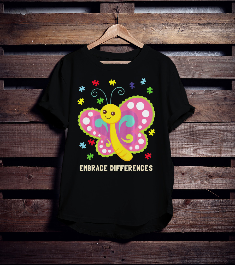 Embrace Differences Autism Awareness Boy Girl Butterfly Puzzle Pieces T-Shirt