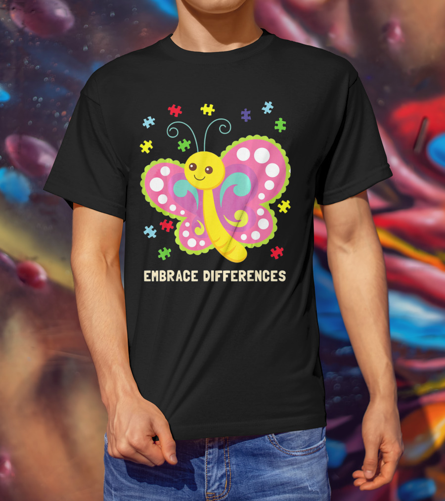 Embrace Differences Autism Awareness Boy Girl Butterfly Puzzle Pieces T-Shirt