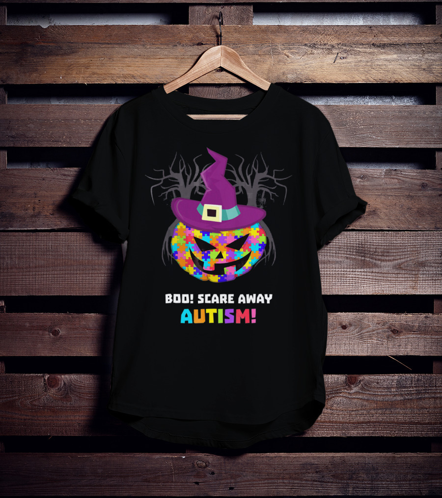 Boo Scare Away Autism Pumpkin Hat Halloween T-Shirt