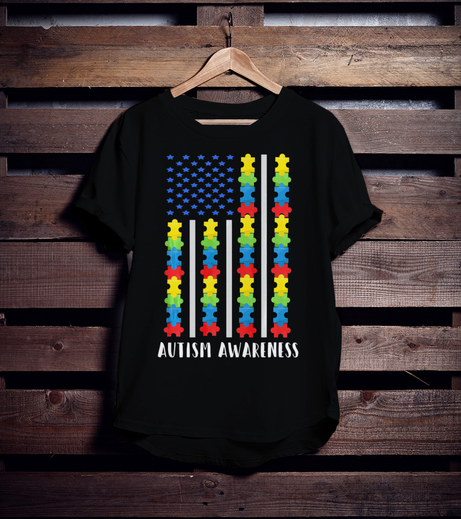 Autism Awareness Puzzle Piece USA Flag T-Shirt