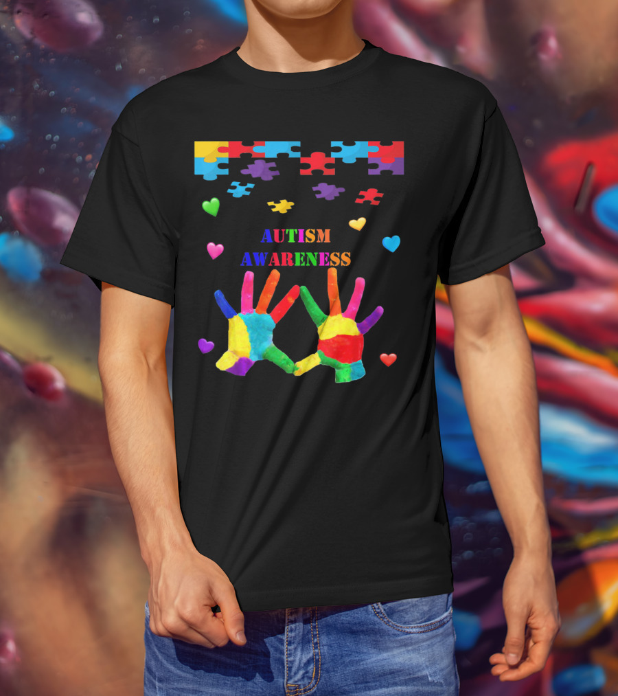 Autism Awareness Colorful Hands With Puzzle Pieces And Hearts T-Shirt