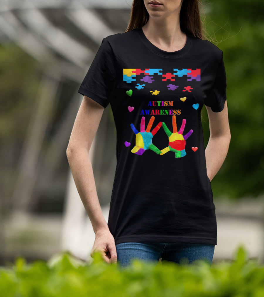 Autism Awareness Colorful Hands With Puzzle Pieces And Hearts T-Shirt