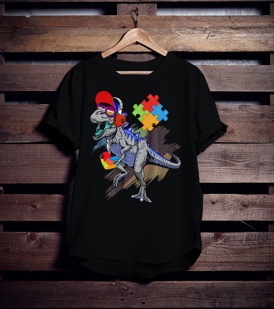Dinosaur Puzzle Piece Glasses Funny Autism Awareness T-Shirt