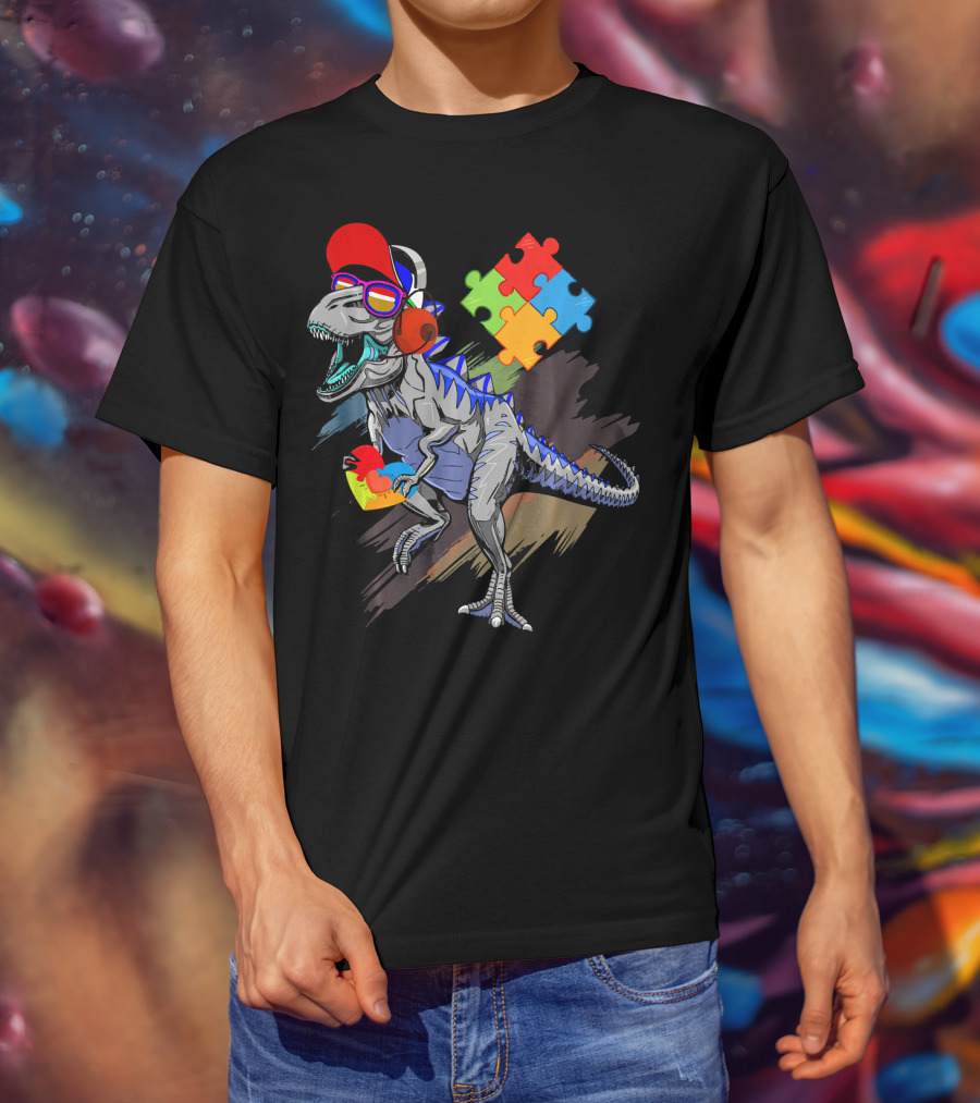 Dinosaur Puzzle Piece Glasses Funny Autism Awareness T-Shirt