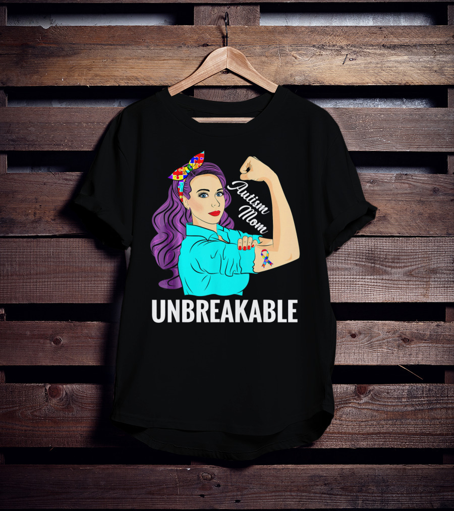 Autism Mom Unbreakable Awareness Rosie The Riveter With Puzzle T-Shirt