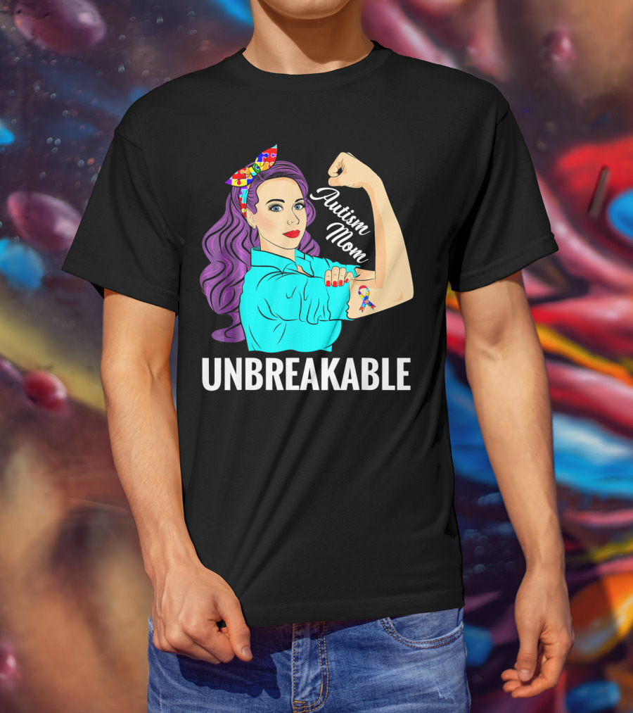 Autism Mom Unbreakable Awareness Rosie The Riveter With Puzzle T-Shirt