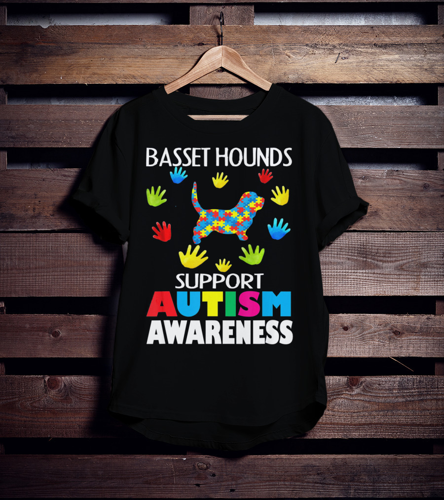 Basset Hounds Support Autism Awareness Puzzle Pattern Hands T-Shirt