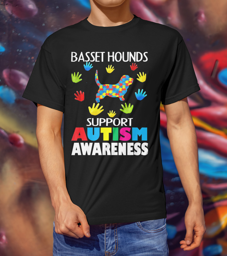 Basset Hounds Support Autism Awareness Puzzle Pattern Hands T-Shirt