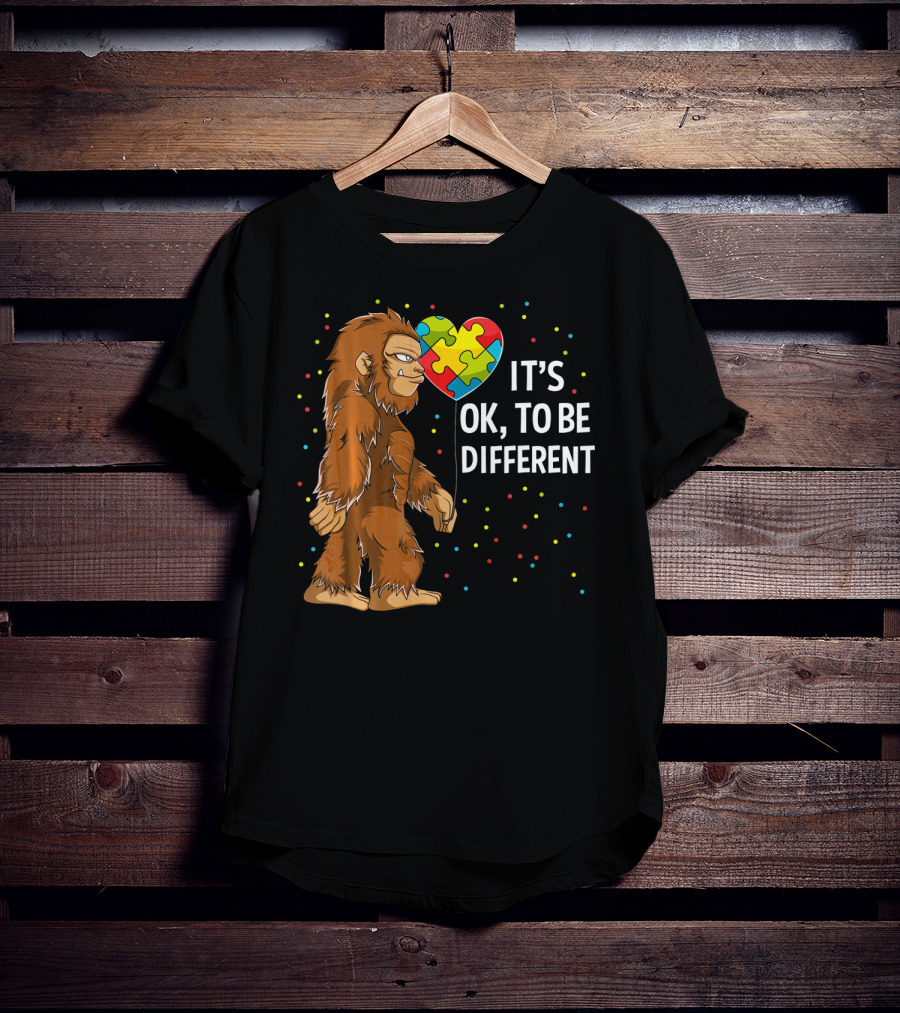 Autism Awareness Bigfoot Heart Puzzle It's OK To Be Different T-Shirt