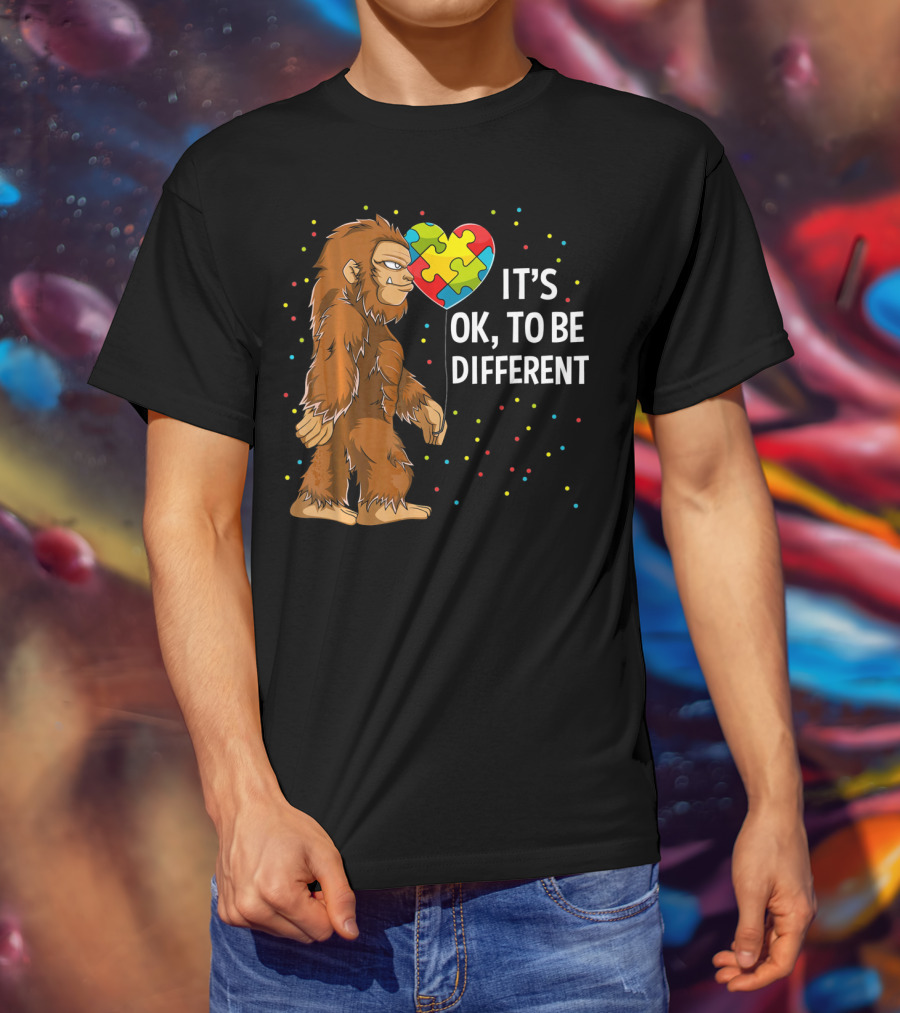 Autism Awareness Bigfoot Heart Puzzle It's OK To Be Different T-Shirt