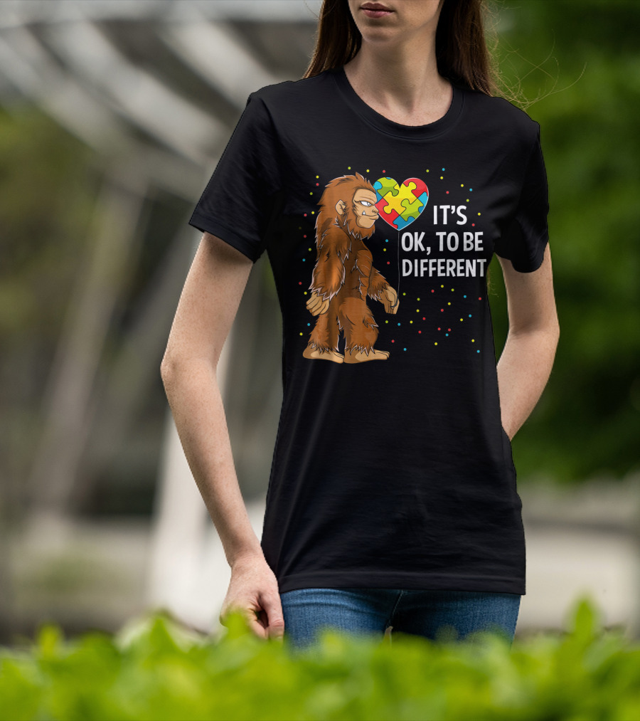 Autism Awareness Bigfoot Heart Puzzle It's OK To Be Different T-Shirt