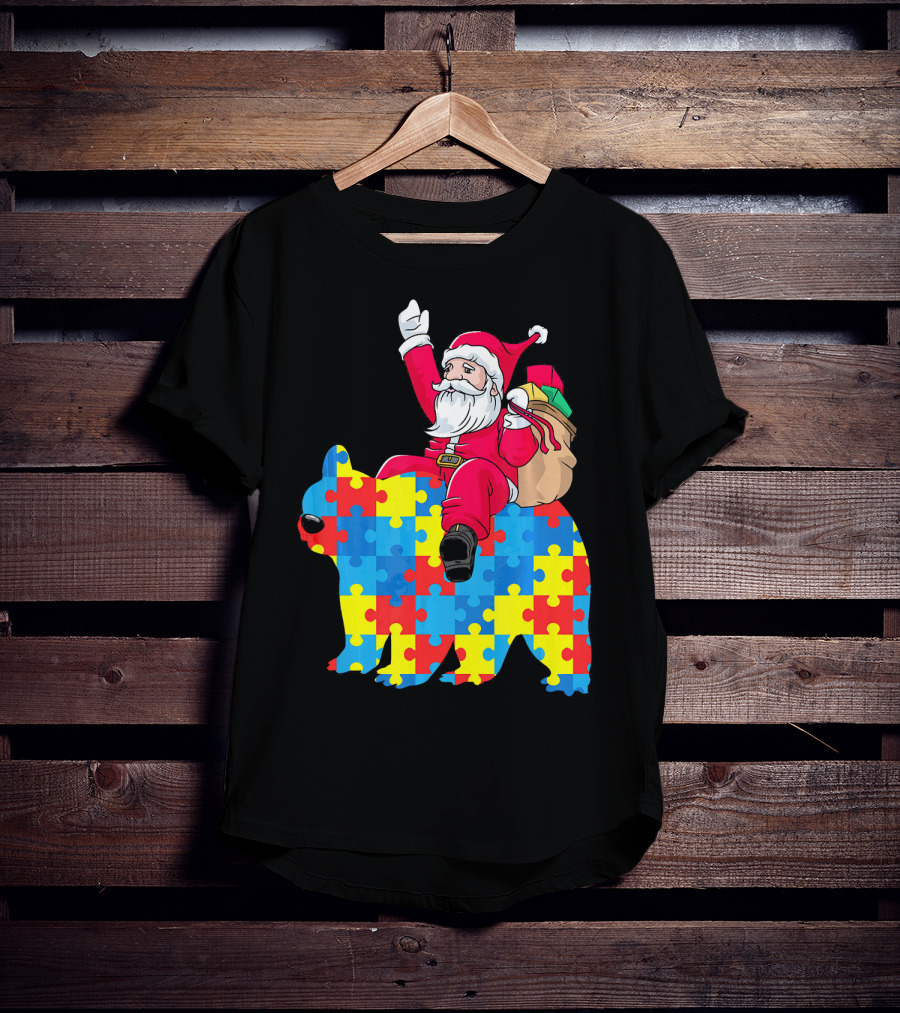 Santa Claus Riding Puzzle Piece Bear Autism Awareness T-Shirt