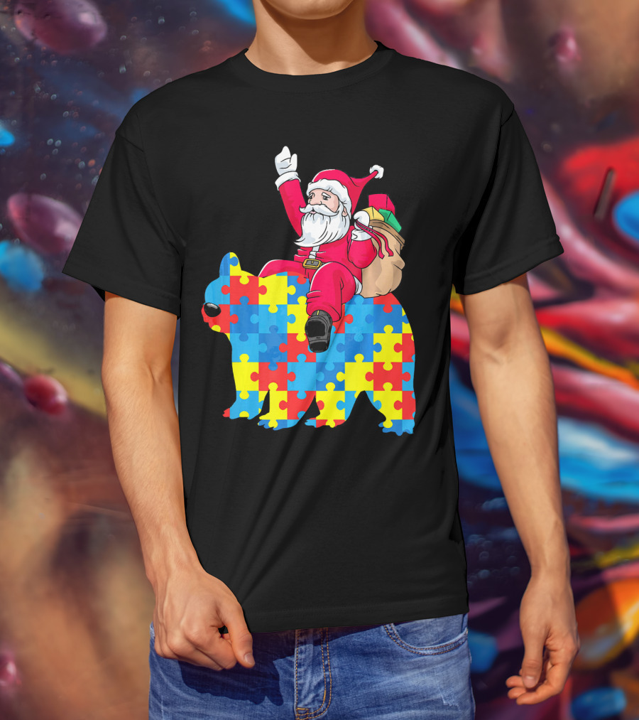 Santa Claus Riding Puzzle Piece Bear Autism Awareness T-Shirt
