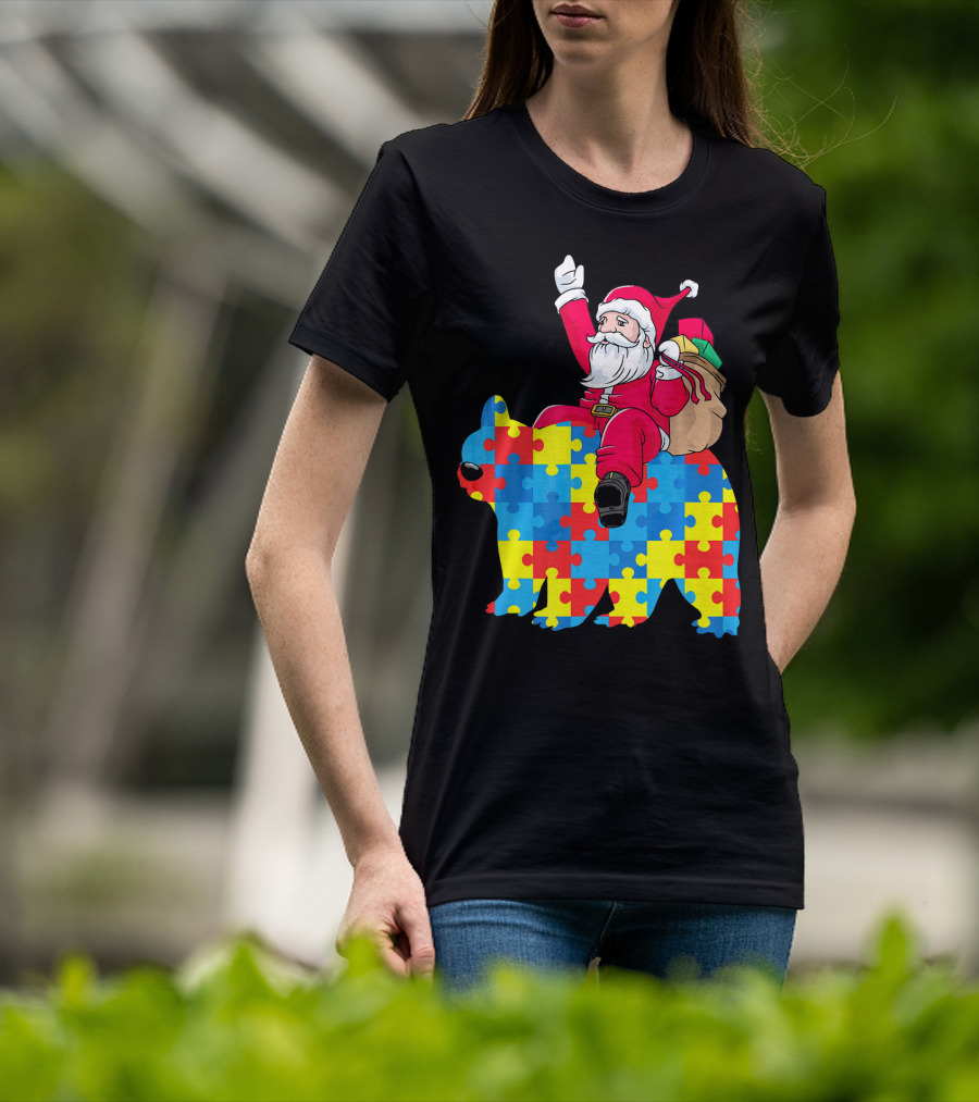 Santa Claus Riding Puzzle Piece Bear Autism Awareness T-Shirt