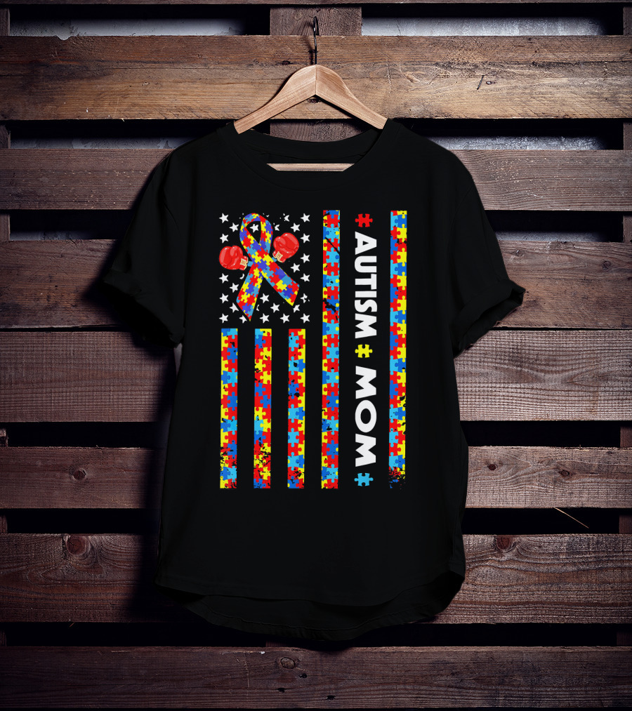 Autism Awareness American Flag Mom Puzzle T-Shirt