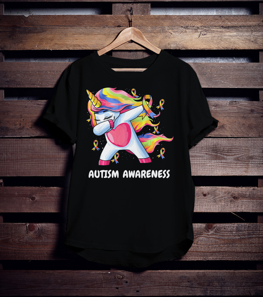 Autism Awareness Dabbing Rainbow Unicorn With Puzzle T-Shirt