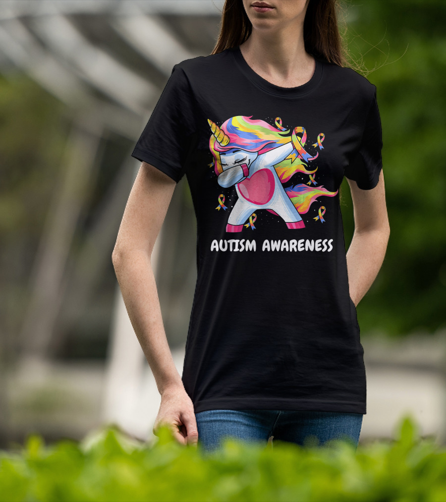 Autism Awareness Dabbing Rainbow Unicorn With Puzzle T-Shirt