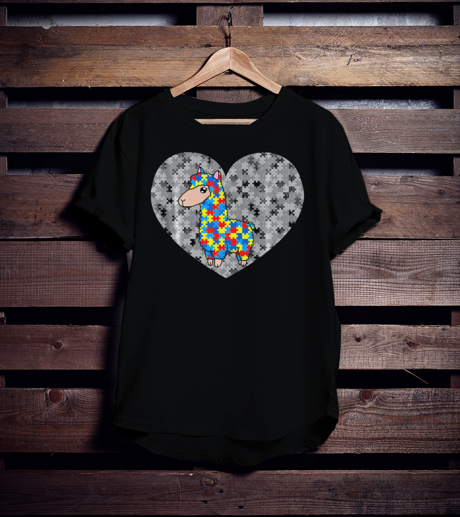 Funny Puzzle Llama Heart Autism Awareness Day T-Shirt