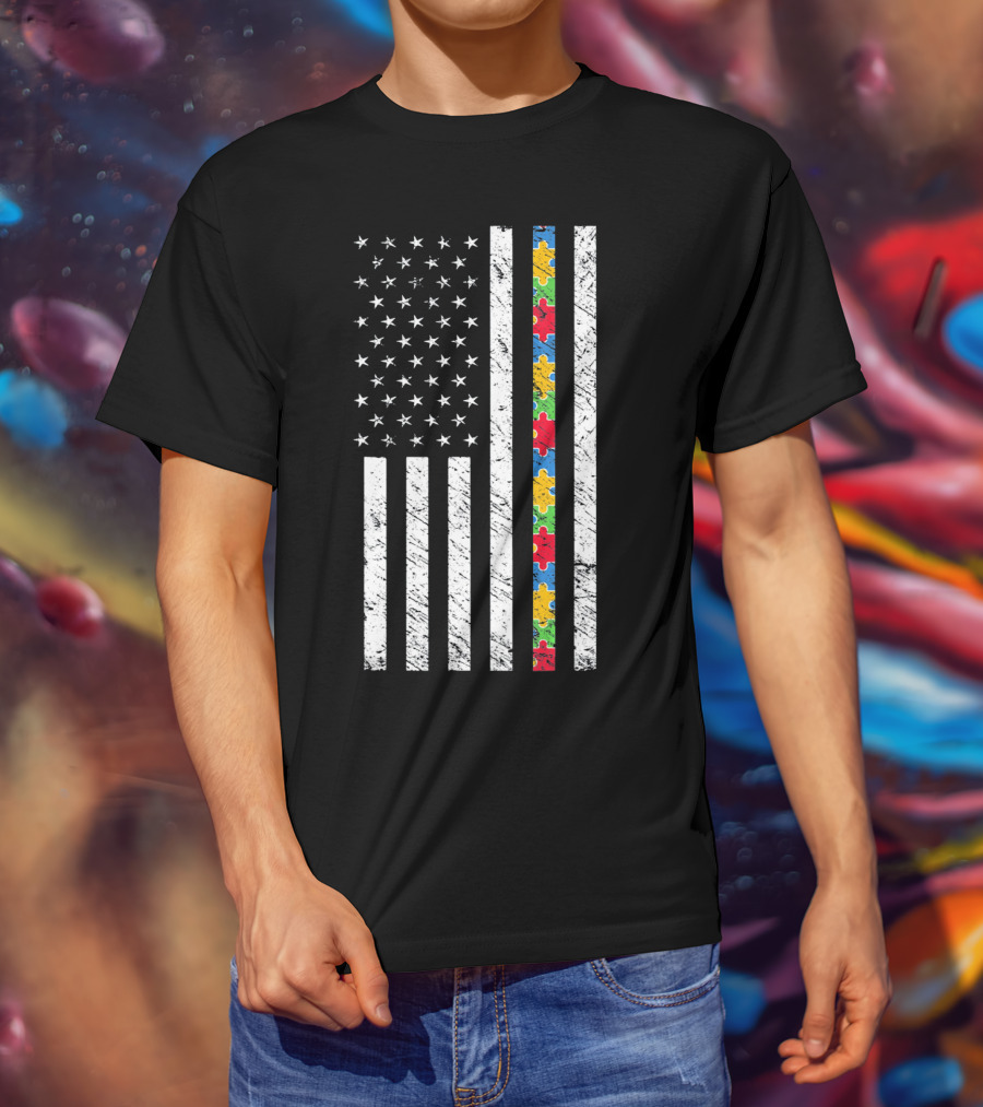 Autism Awareness American Flag Puzzle Piece T-Shirt