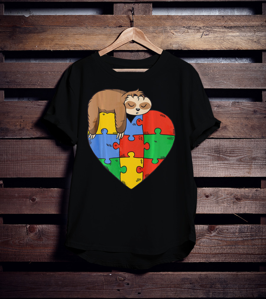 Cute Sloth Heart Puzzle Autism Parents Autistic Child T-Shirt