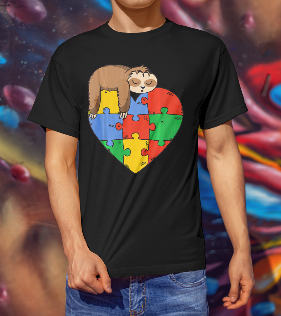 Cute Sloth Heart Puzzle Autism Parents Autistic Child T-Shirt