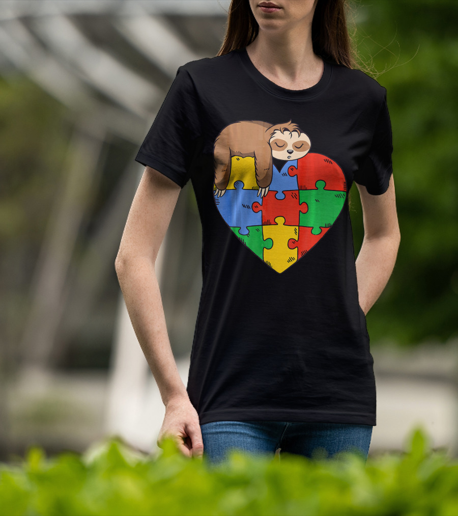 Cute Sloth Heart Puzzle Autism Parents Autistic Child T-Shirt
