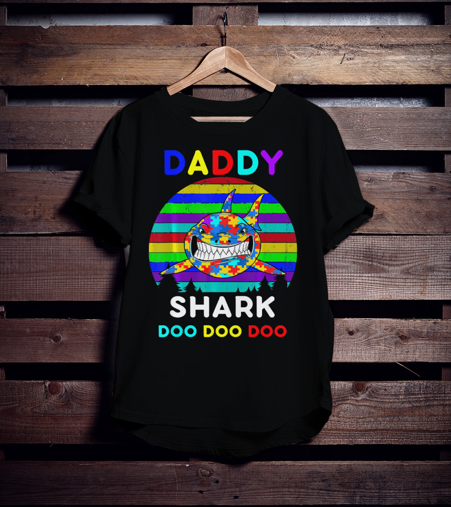 Daddy Shark Doo Doo Autism Awareness Colorful Puzzle Stripes T-Shirt