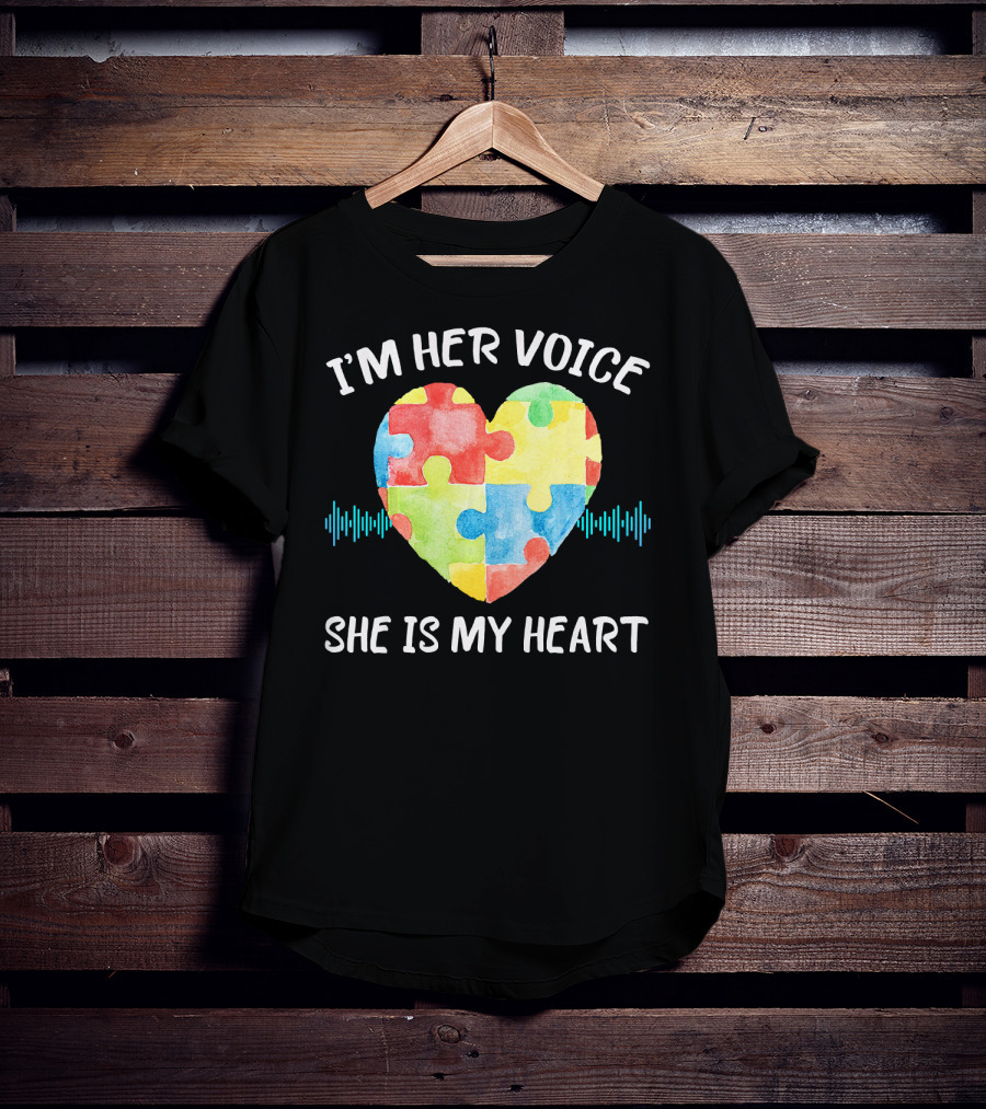 I'M HER VOICE SHE IS MY HEART Autism Puzzle Heart T-Shirt