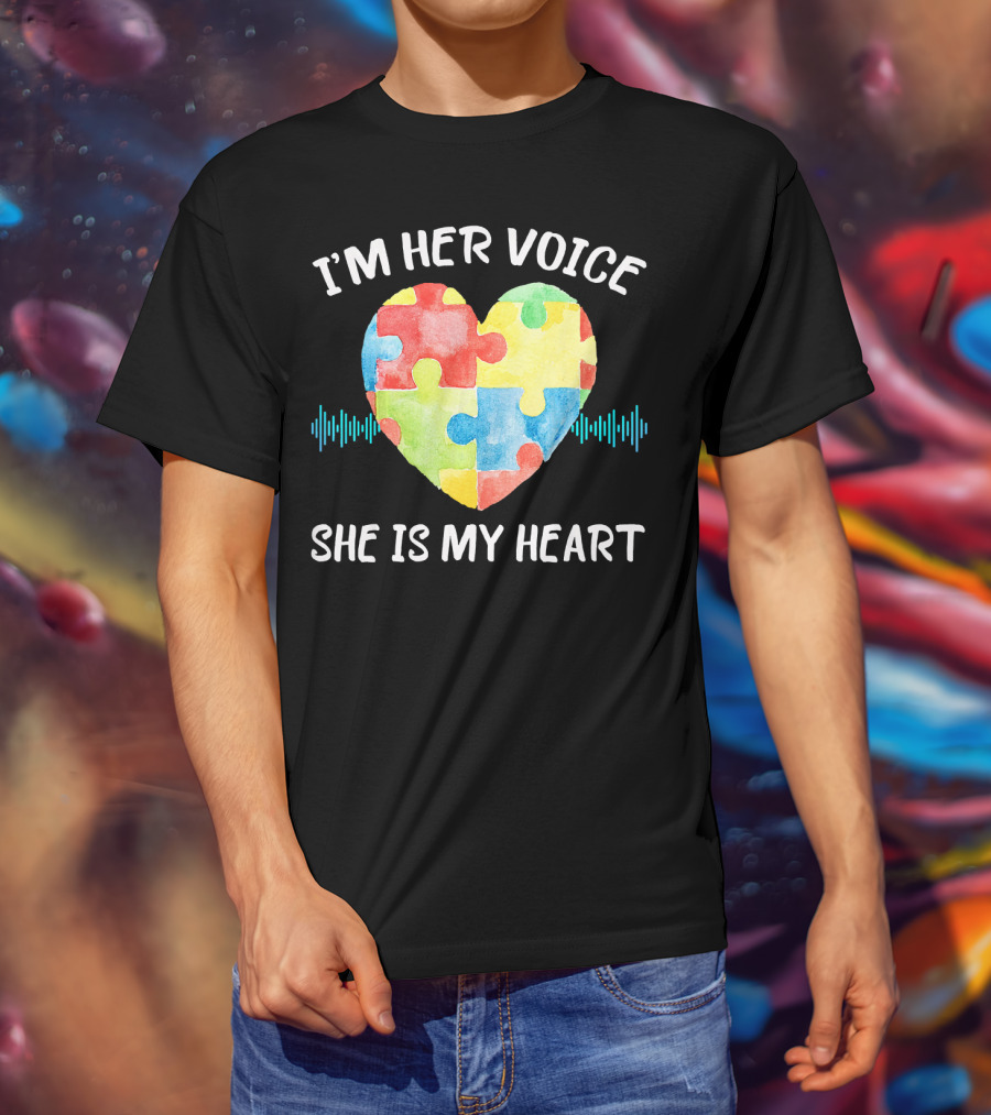 I'M HER VOICE SHE IS MY HEART Autism Puzzle Heart T-Shirt