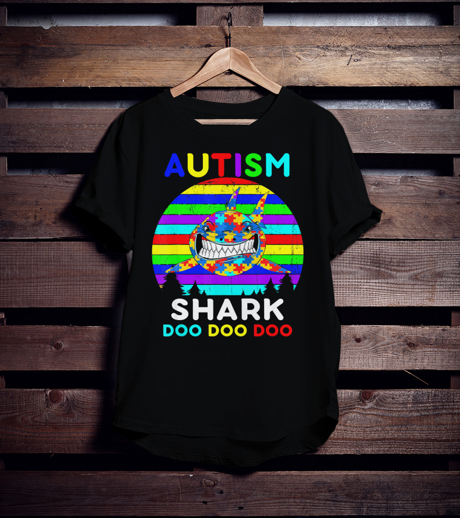Autism Shark Doo Doo Doo Puzzle Piece Rainbow Awareness T-Shirt