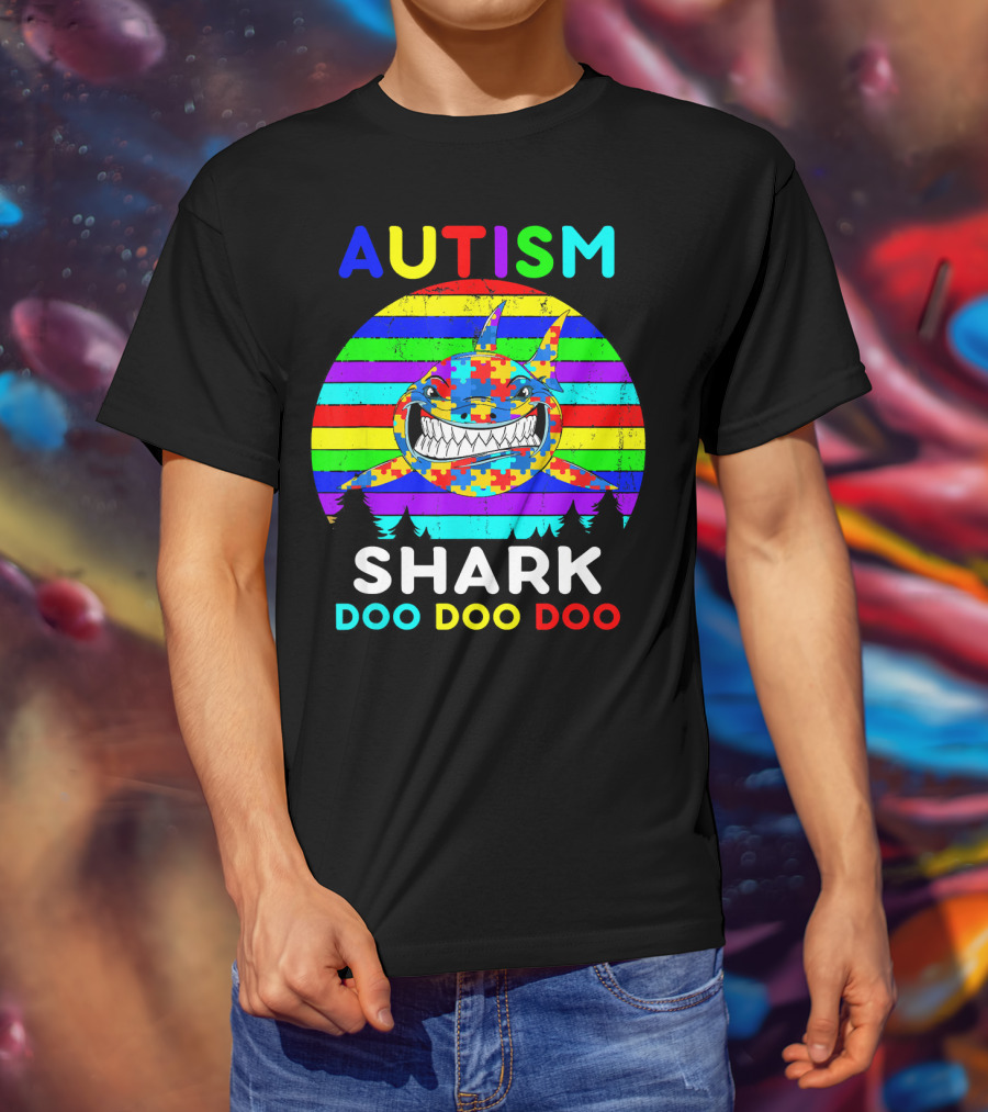 Autism Shark Doo Doo Doo Puzzle Piece Rainbow Awareness T-Shirt