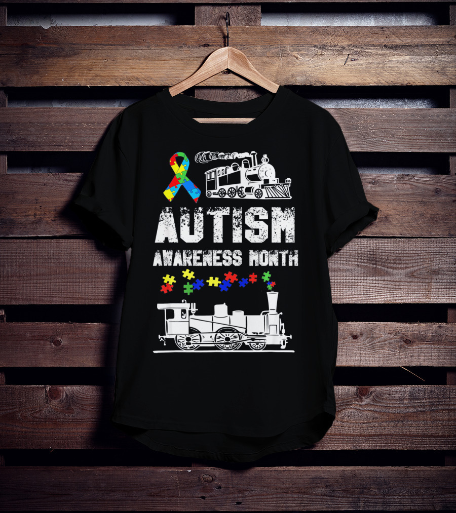 Autism Awareness Month Puzzle Ribbon Steam Train T-Shirt
