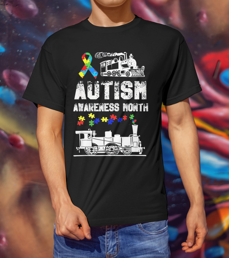 Autism Awareness Month Puzzle Ribbon Steam Train T-Shirt