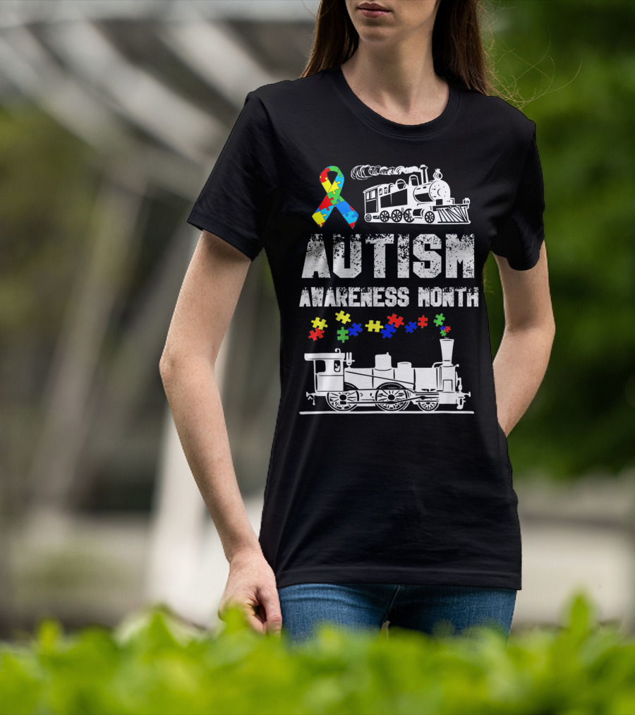 Autism Awareness Month Puzzle Ribbon Steam Train T-Shirt