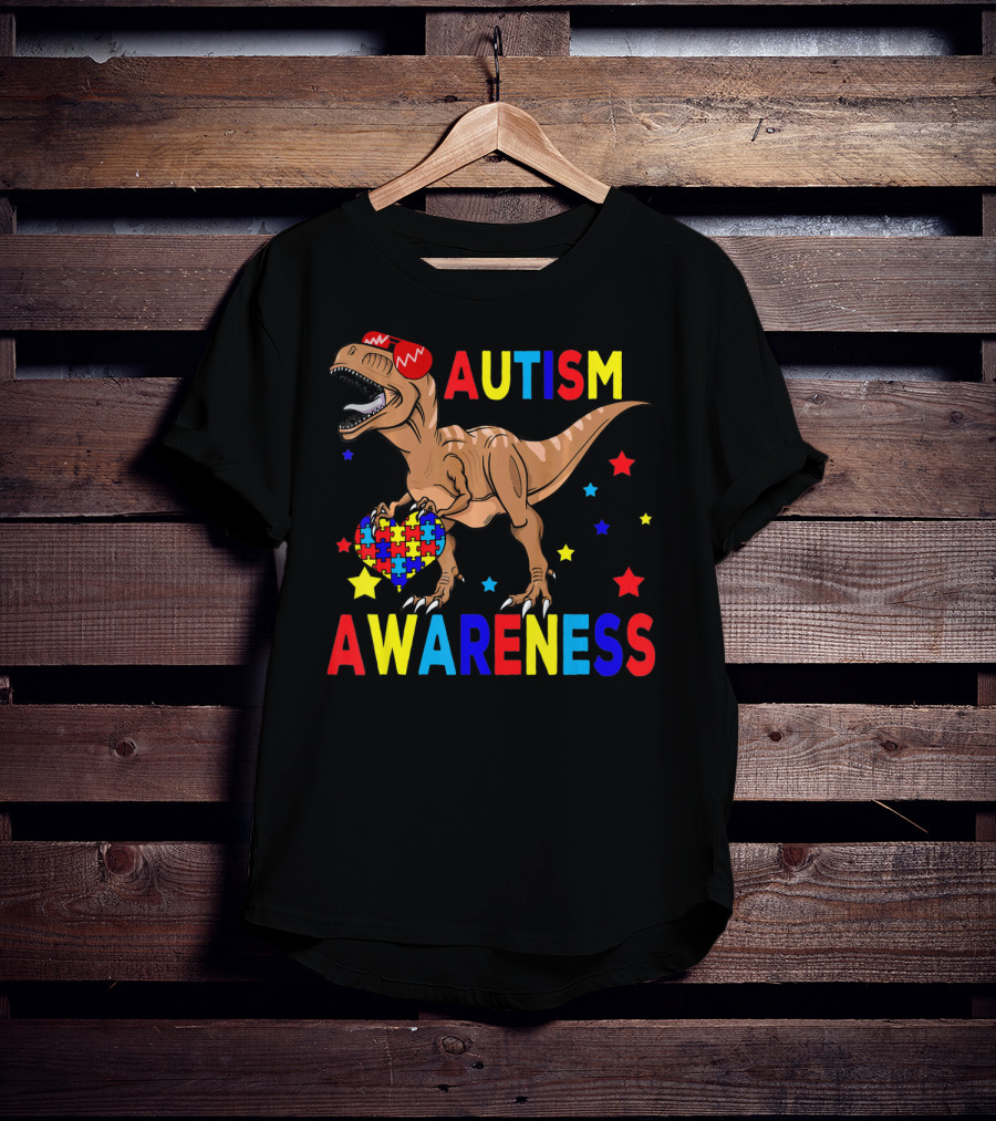Cool Rex Dino Autism Awareness Puzzle Heart And Stars T-Shirt