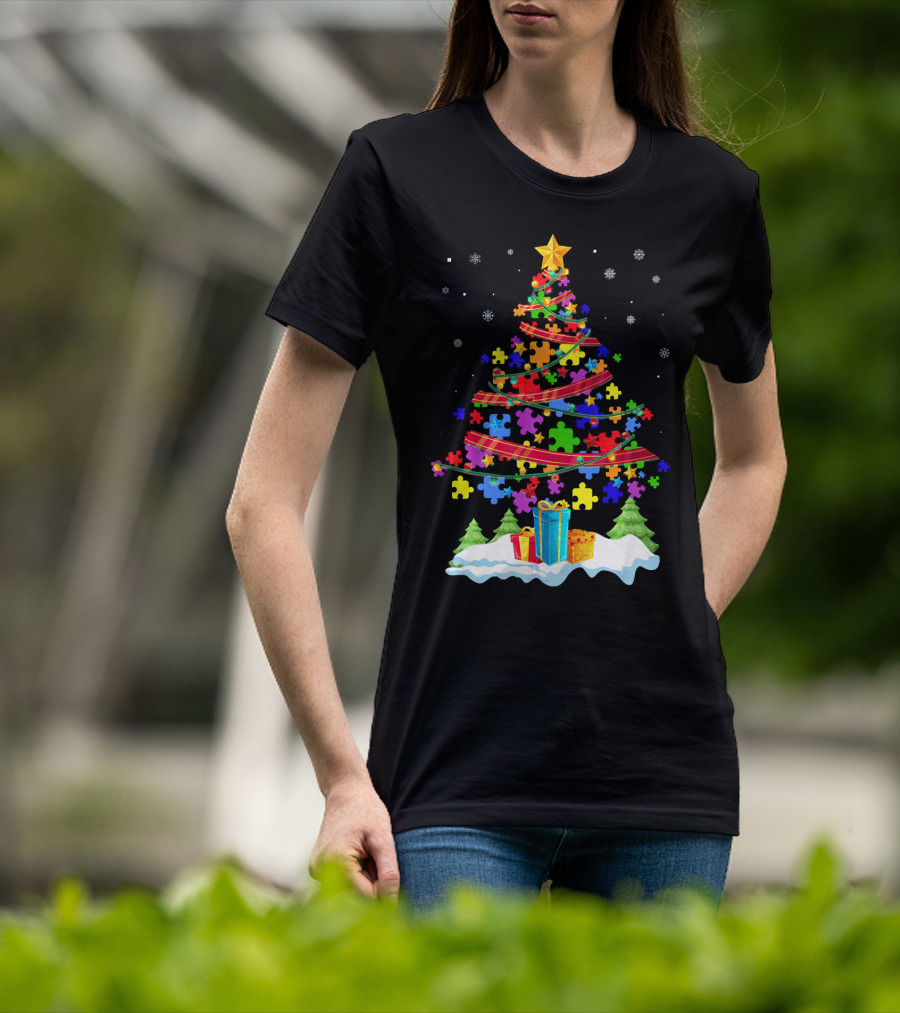 Autism Christmas Tree Puzzle Pieces And Gifts Festive T-Shirt