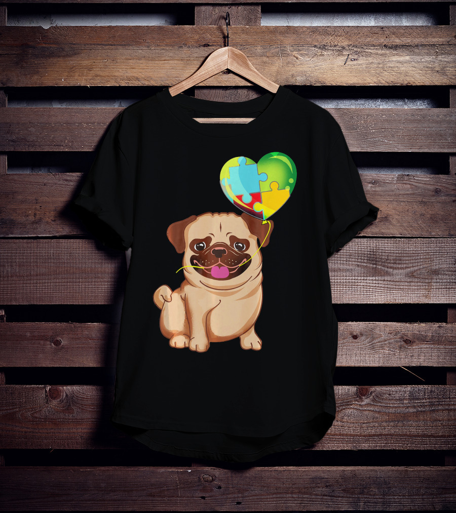 Autism Awareness Pug Puppy Heart Puzzle Balloon T-Shirt