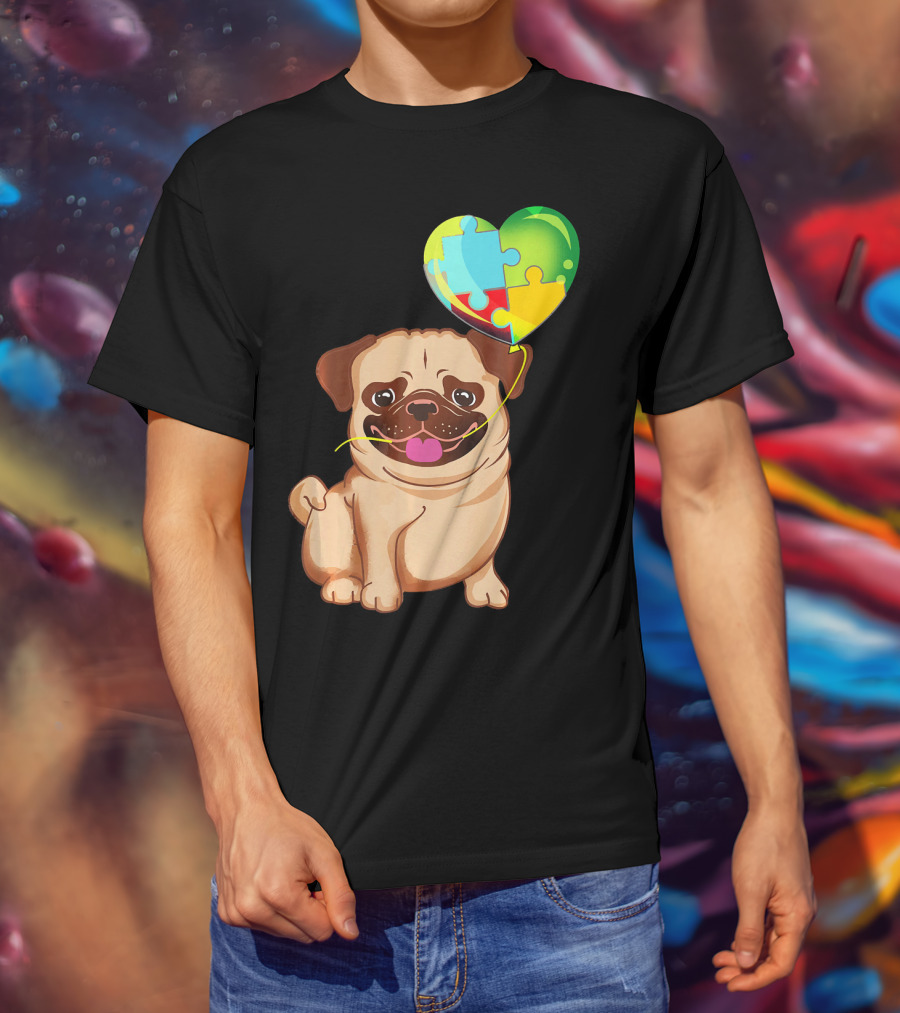 Autism Awareness Pug Puppy Heart Puzzle Balloon T-Shirt